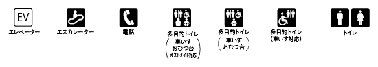 エレベーター・エスカレーター・電話・多目的トイレ（車いす・おむつ台・オストメイト対応）・多目的トイレ（車いす・おむつ台）・多目的トイレ（車いす対応）・トイレ