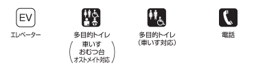 エレベーター
多目的トイレ
（車いす、おむつ、オストメイト対応）
多目的トイレ
（車いす対応）
電話
