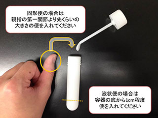 固形便の場合は親指の第一関節より先くらいの大きさの便を入れてください液状便の場合は容器の底から1センチ程度便を入れてください