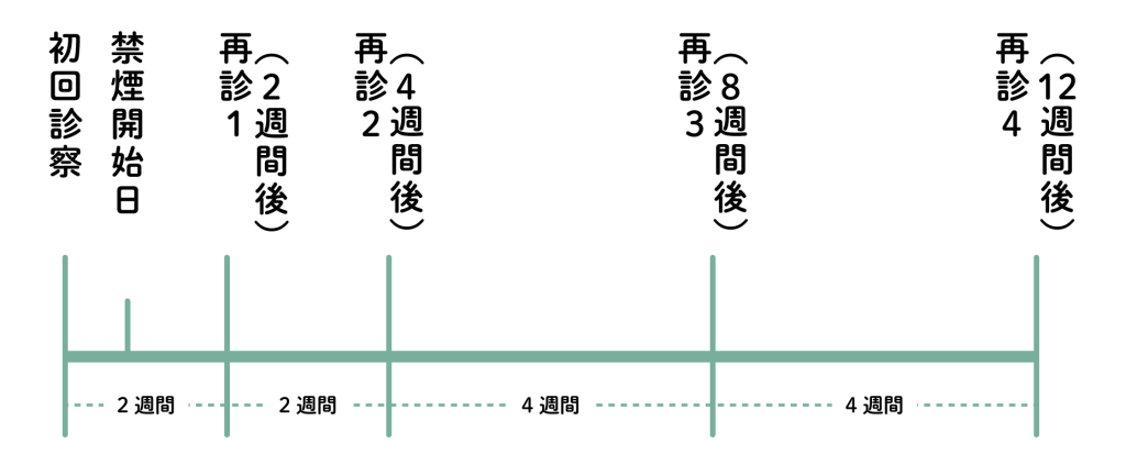 初回診察 禁煙開始 再診1（２週間後） 再診２（４週間後） 再診３（８週間後） 再診４（１２週間後）