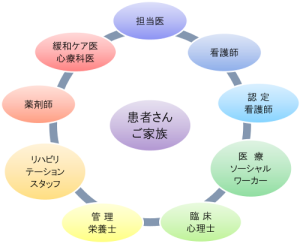 担当医 看護師 認定看護師 医療ソーシャルワーカー 臨床心理士 管理栄養士 リハビリテーションスタッフ 薬剤師 緩和ケア医　心療科 患者さん　ご家族