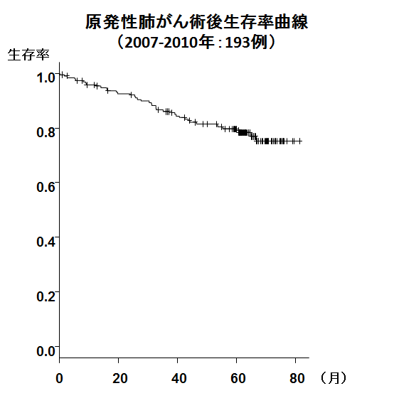 原発性肺がん術後生存曲線（2007-2010：193例） 生存率、（月）
